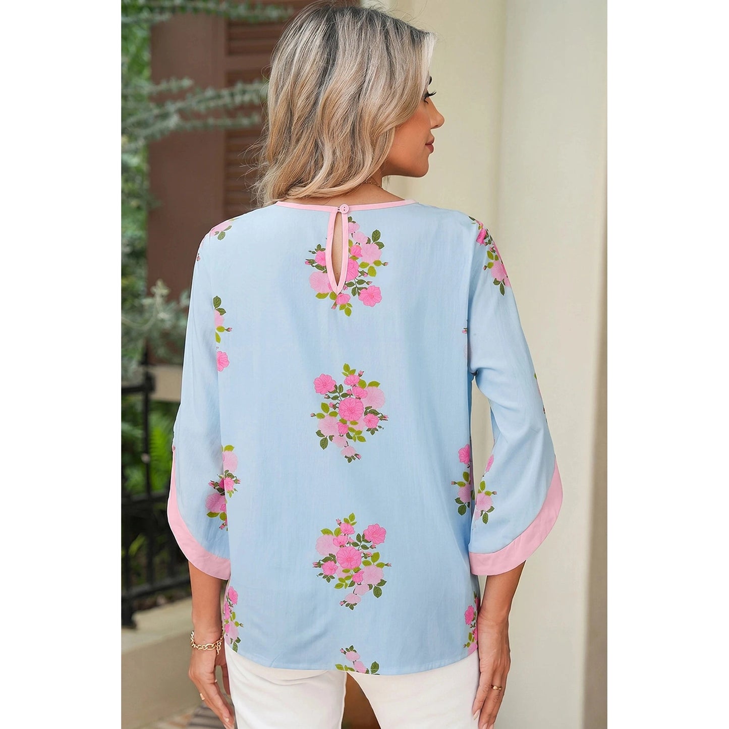 Sam Sky Blue Floral Print Button Cuffed 3/4 Sleeve Round Neck Blouse