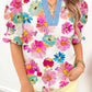 RTS Floral Print Short Puff Sleeve Striped Trim V Neck Blouse
