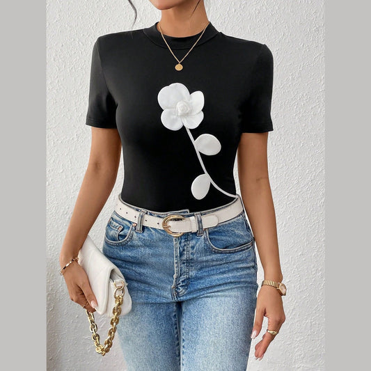 3D Floral Black Slim Short Sleeve T-shirt