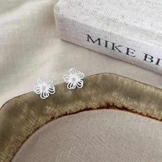 Double Flower Silver Stud Earrings