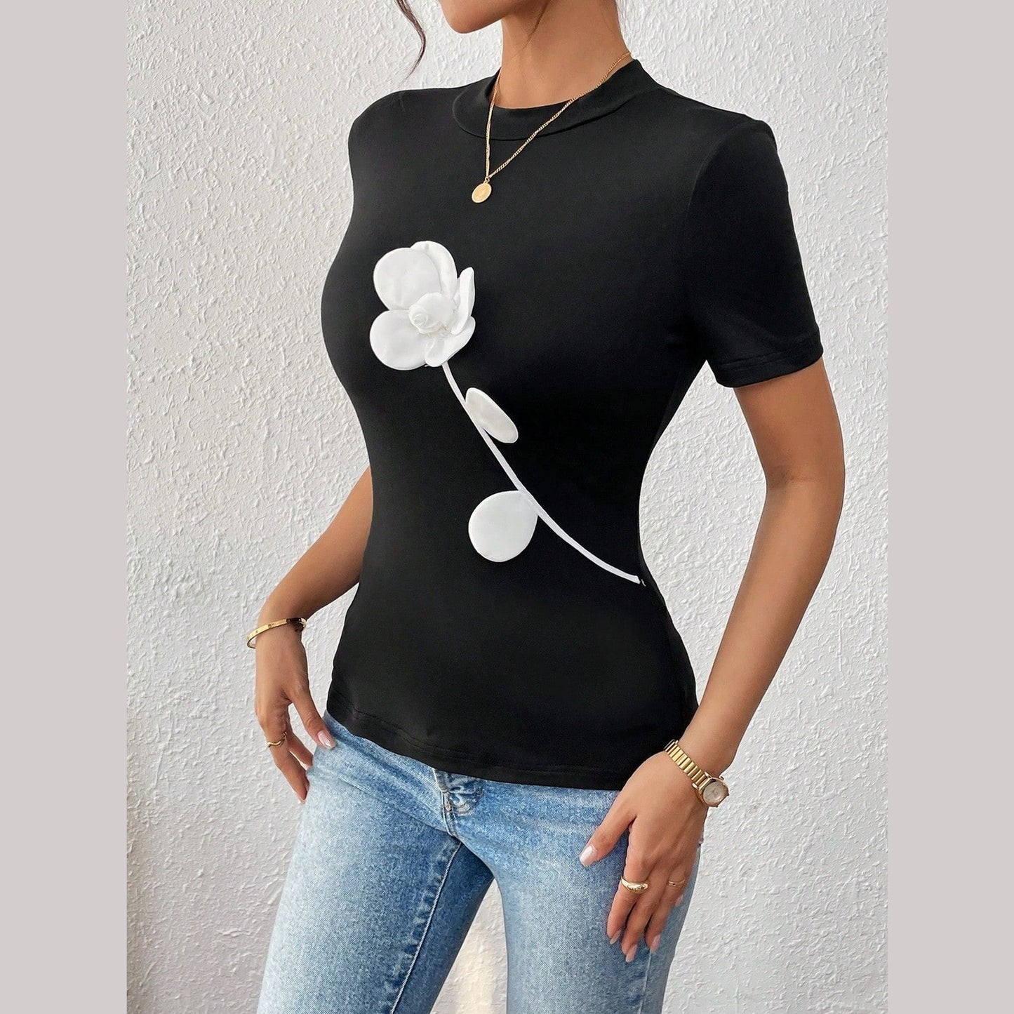 3D Floral Black Slim Short Sleeve T-shirt