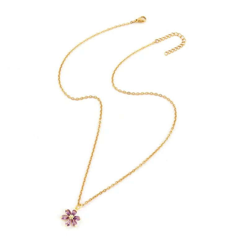 Crystal Inlay Flower Pendant Necklace  - 4 Colors