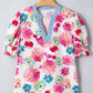 RTS Floral Print Short Puff Sleeve Striped Trim V Neck Blouse