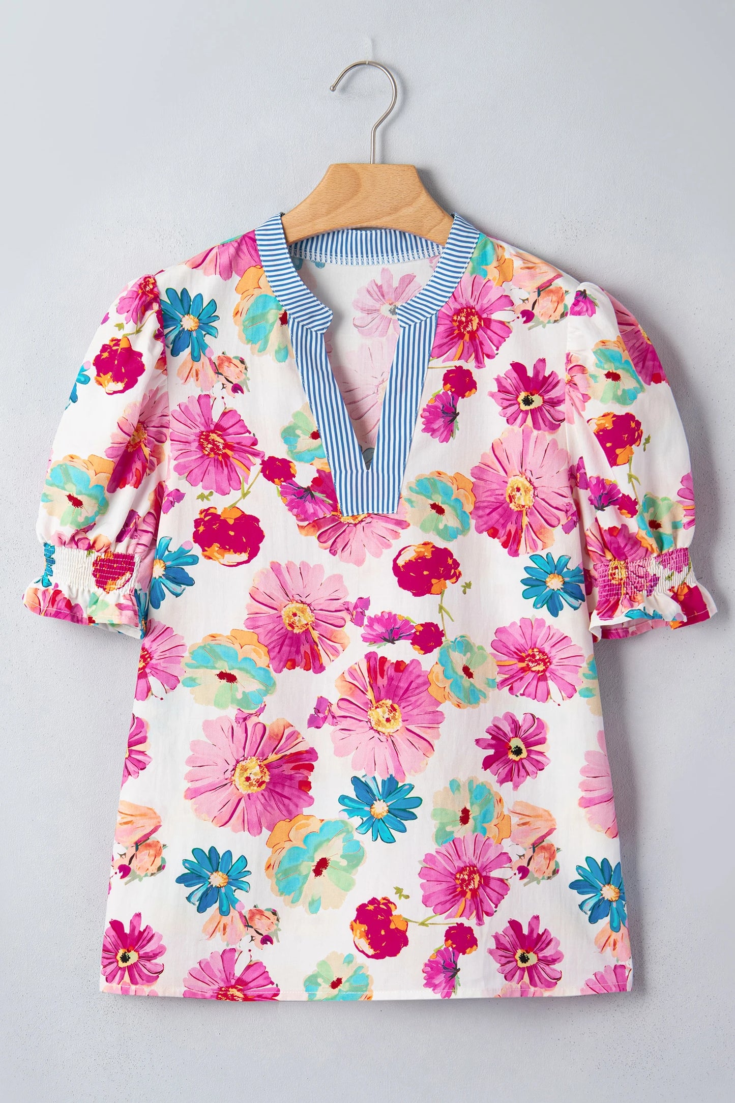RTS Floral Print Short Puff Sleeve Striped Trim V Neck Blouse