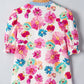 RTS Floral Print Short Puff Sleeve Striped Trim V Neck Blouse