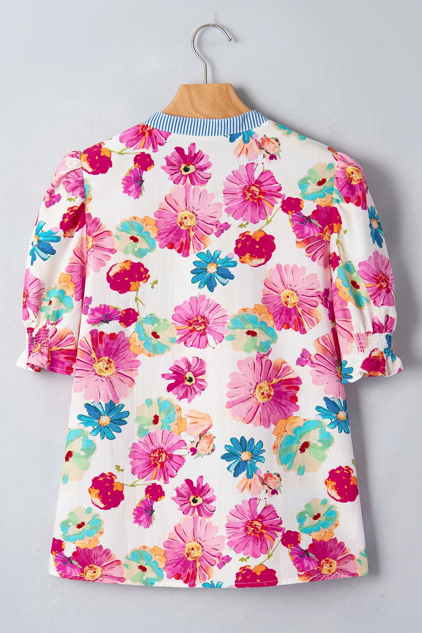 RTS Floral Print Short Puff Sleeve Striped Trim V Neck Blouse