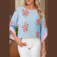 Sam Sky Blue Floral Print Button Cuffed 3/4 Sleeve Round Neck Blouse