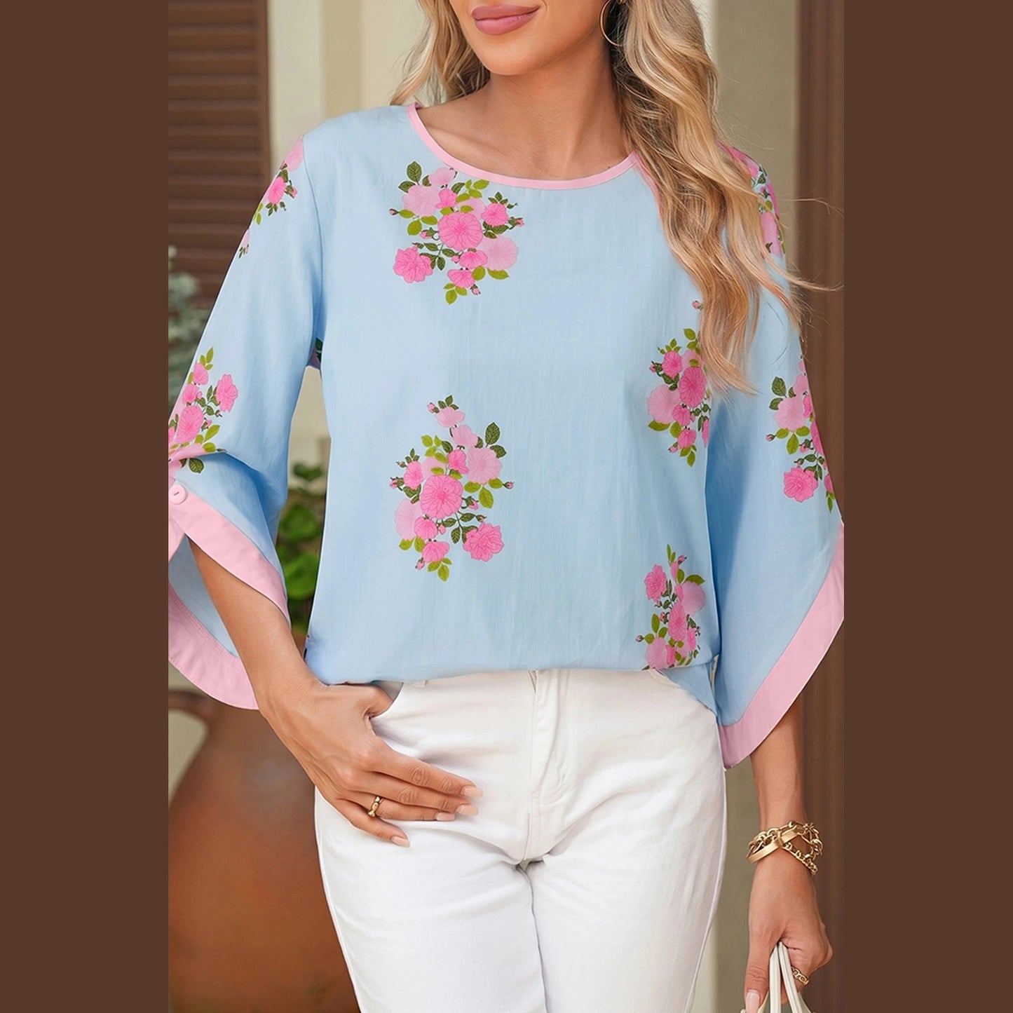 Sam Sky Blue Floral Print Button Cuffed 3/4 Sleeve Round Neck Blouse