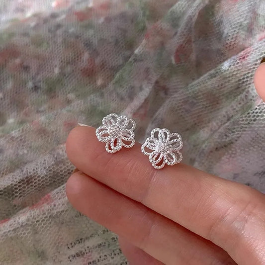 Double Flower Silver Stud Earrings