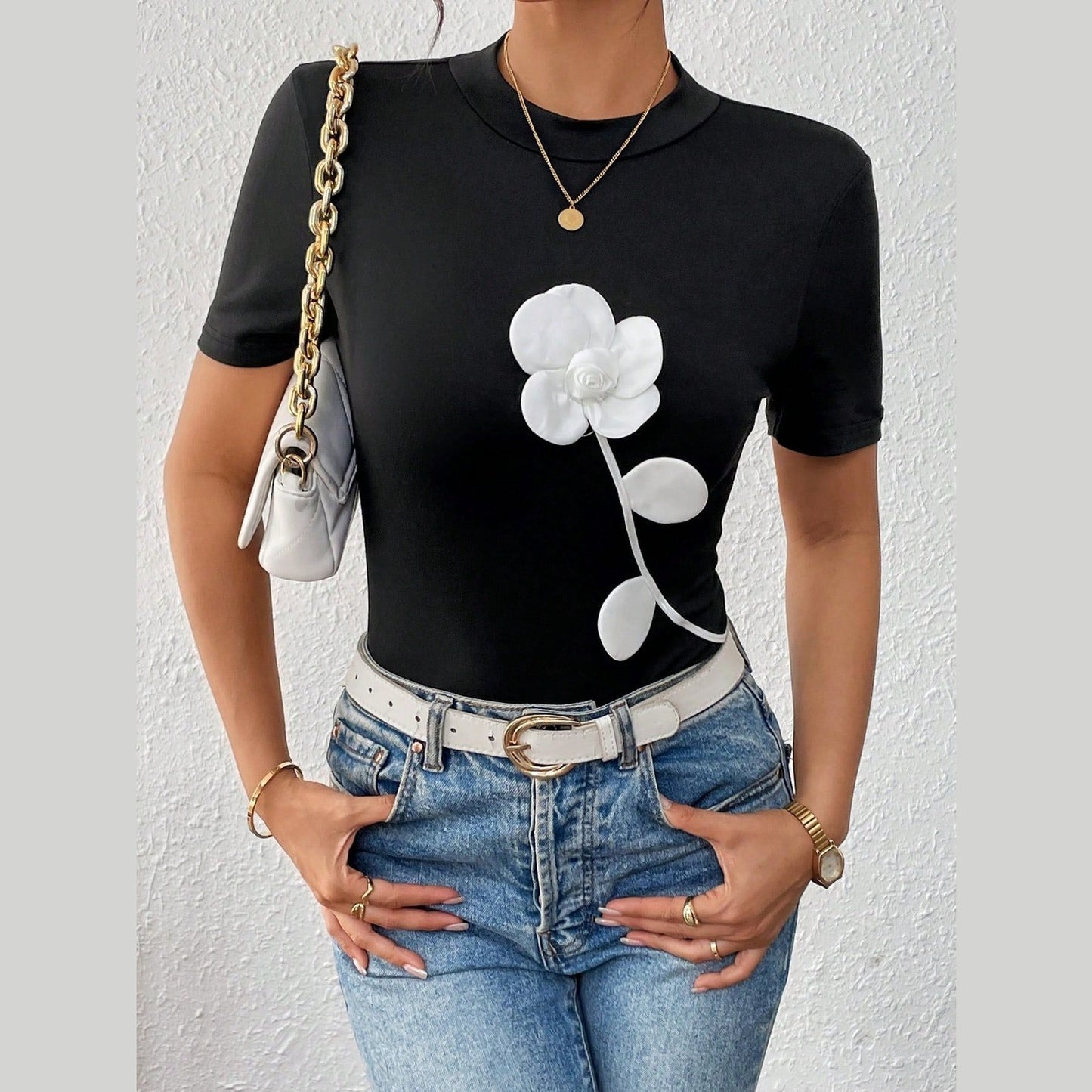 3D Floral Black Slim Short Sleeve T-shirt