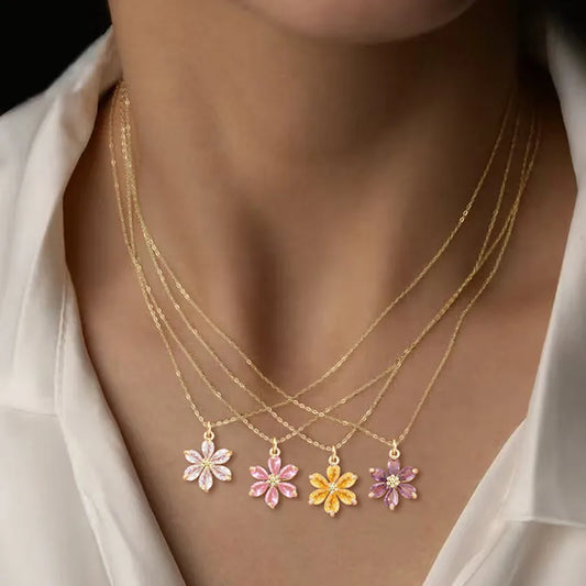 Crystal Inlay Flower Pendant Necklace  - 4 Colors