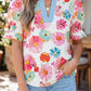 RTS Floral Print Short Puff Sleeve Striped Trim V Neck Blouse