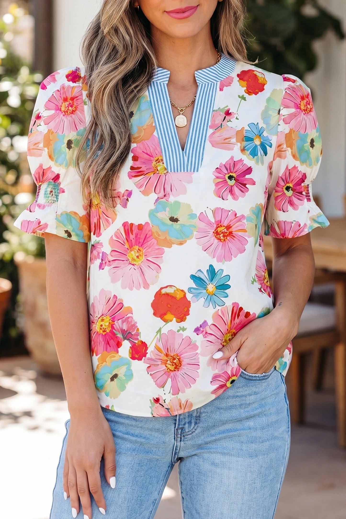 RTS Floral Print Short Puff Sleeve Striped Trim V Neck Blouse