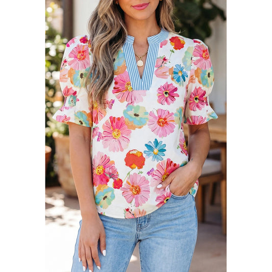 RTS Floral Print Short Puff Sleeve Striped Trim V Neck Blouse