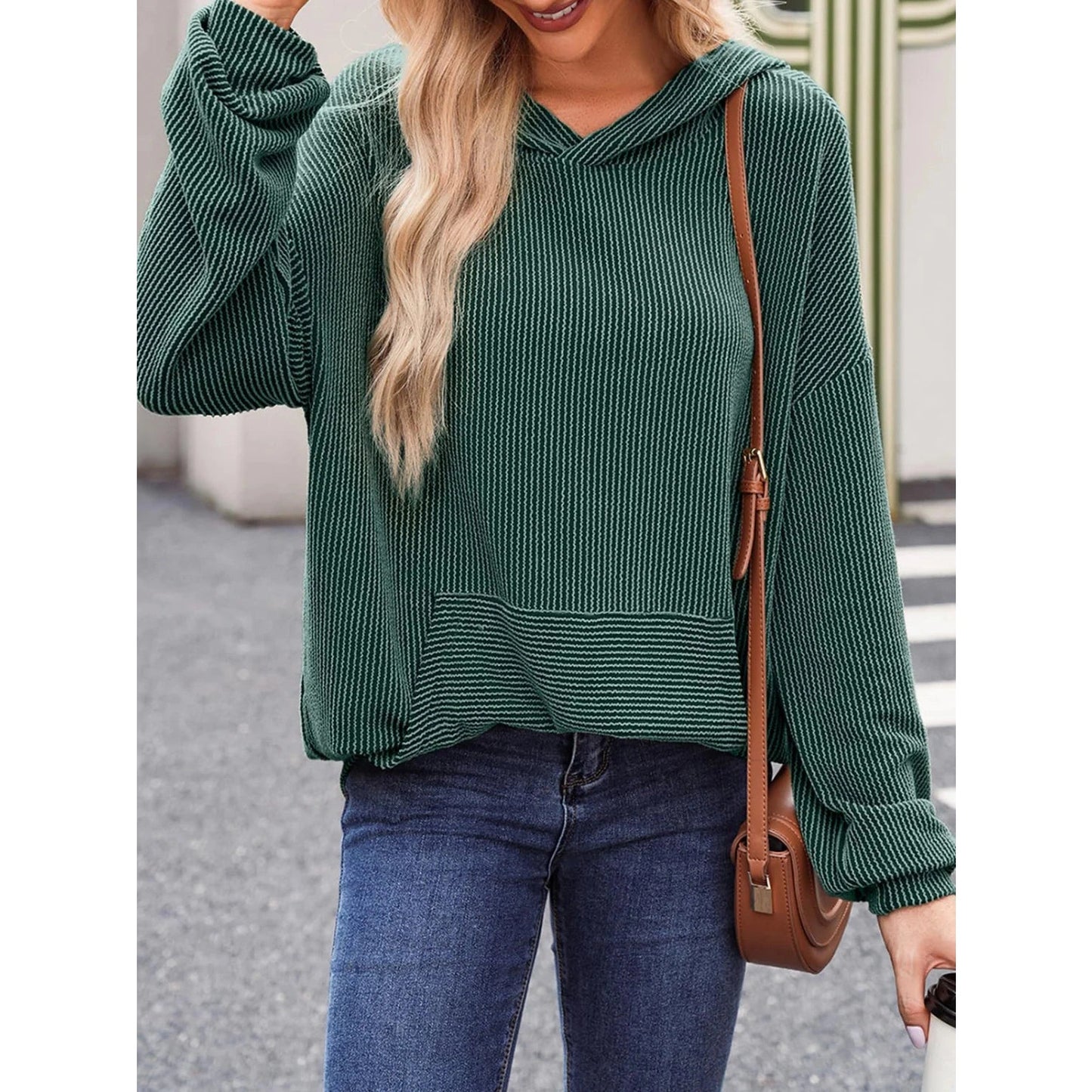Fluerette Dark Green Textured Hoodie with Kangaroo Pouch