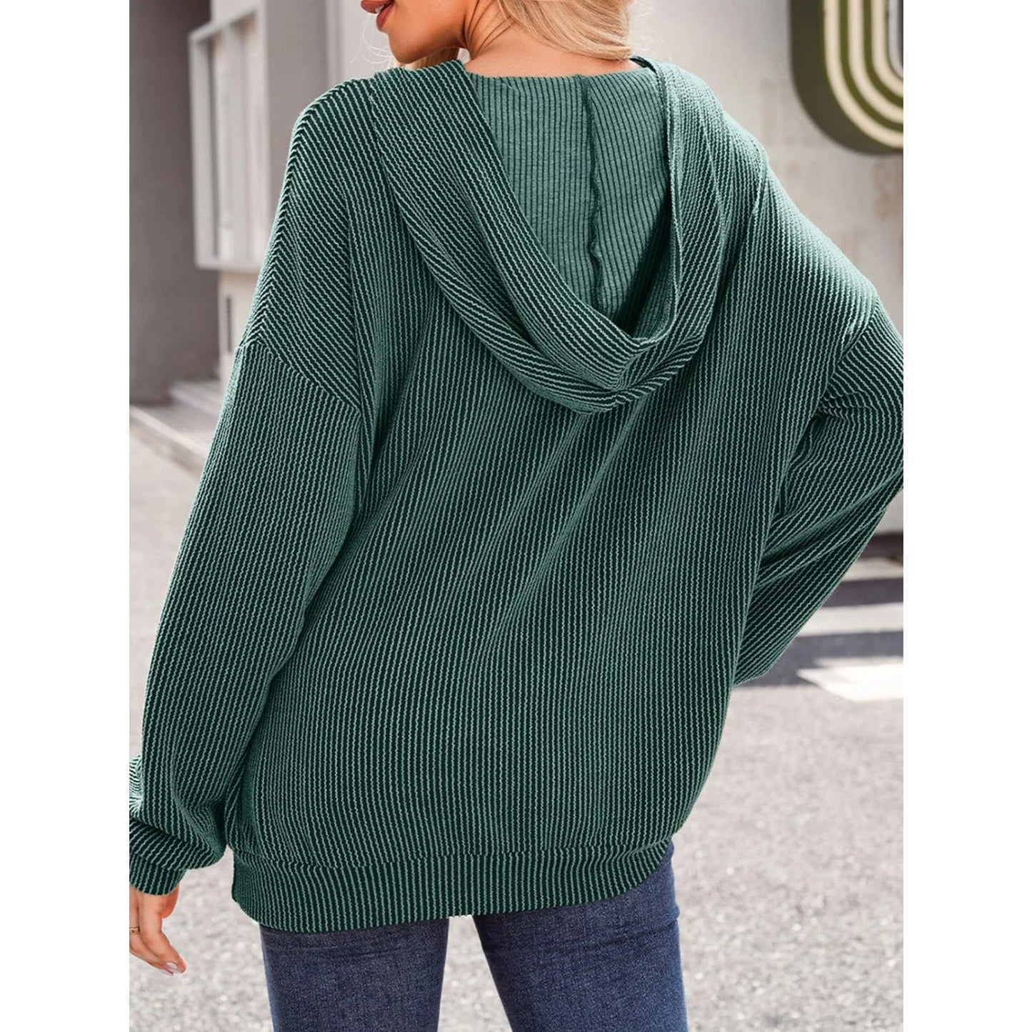 Fluerette Dark Green Textured Hoodie with Kangaroo Pouch
