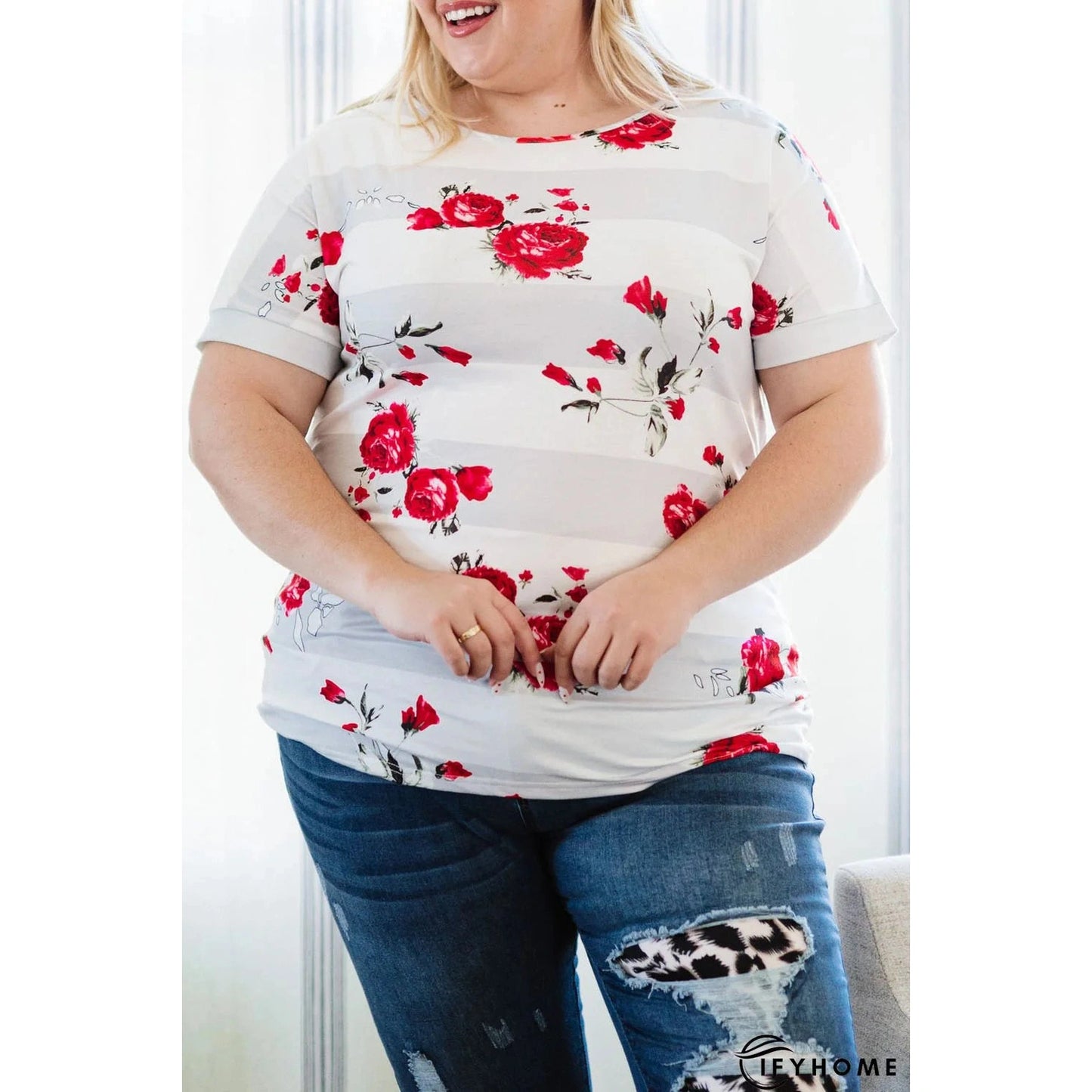 RTS White Plus Size Striped Floral Short Sleeve Top
