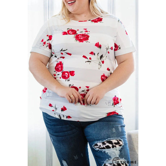 RTS White Plus Size Striped Floral Short Sleeve Top