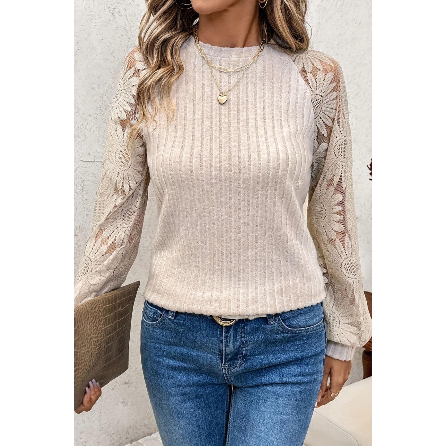 Francene Lace Patchwork Long Sleeve Round Neck Top