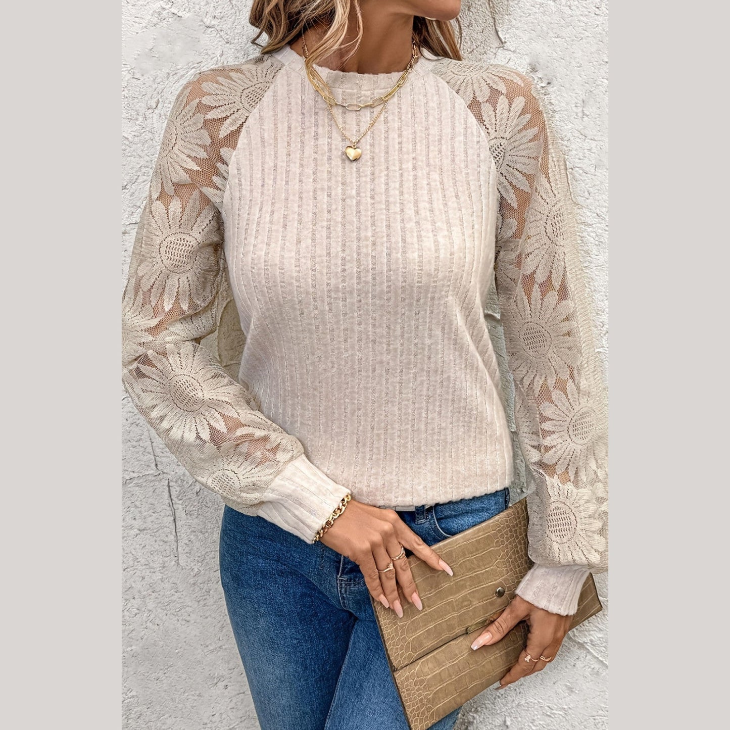 Francene Lace Patchwork Long Sleeve Round Neck Top