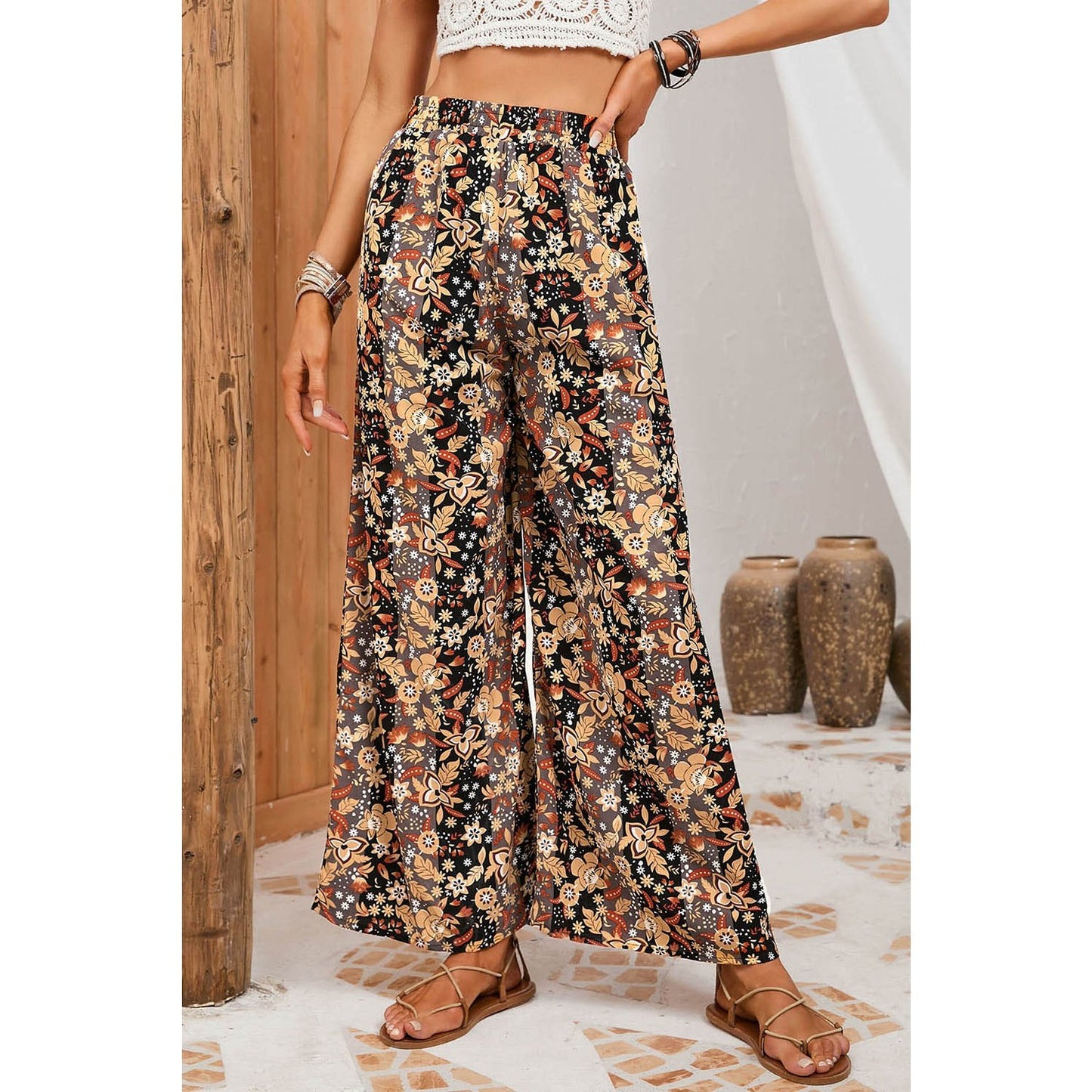 Francene Black Floral Print High Waist Wide Leg Pants