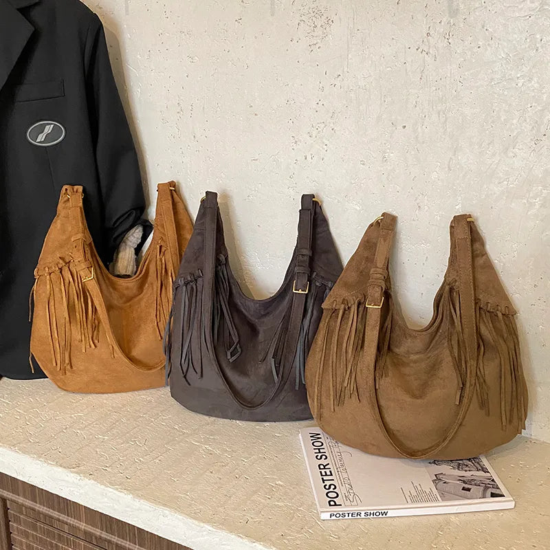 Faux Suede Fringe Hobo - 3 Colors