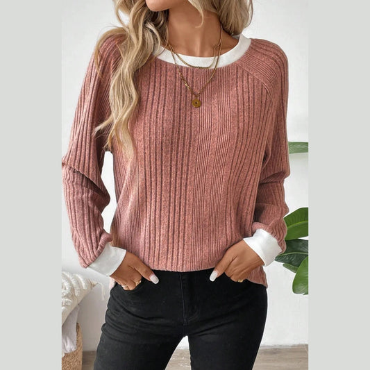 Fritza Coral Crew Neck Ribbed Knit Top