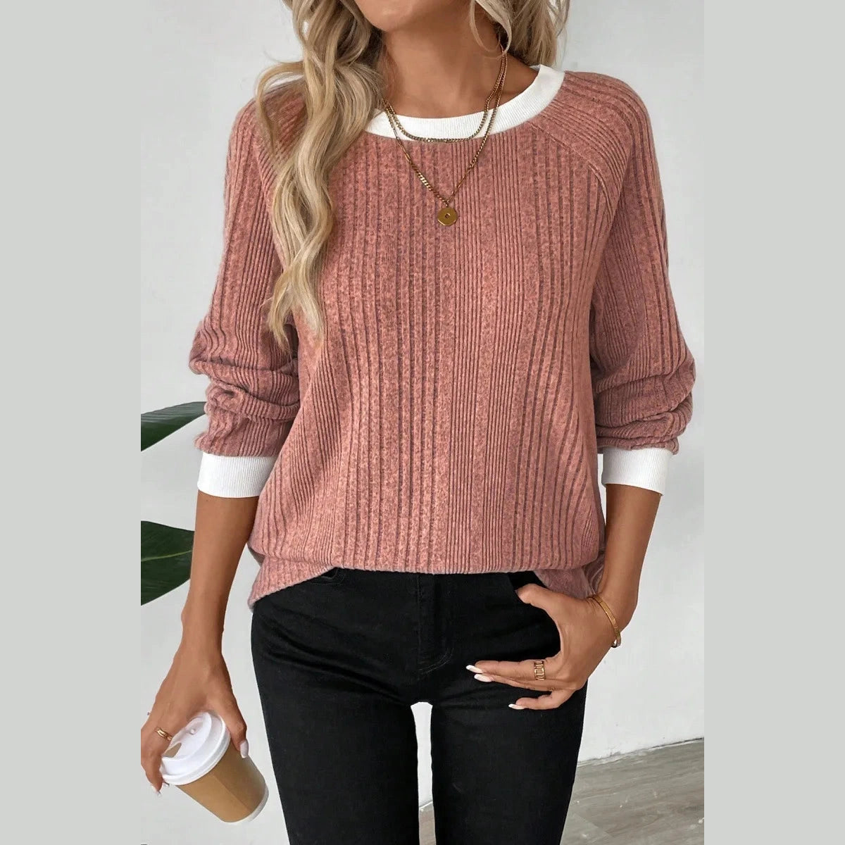 Fritza Coral Crew Neck Ribbed Knit Top