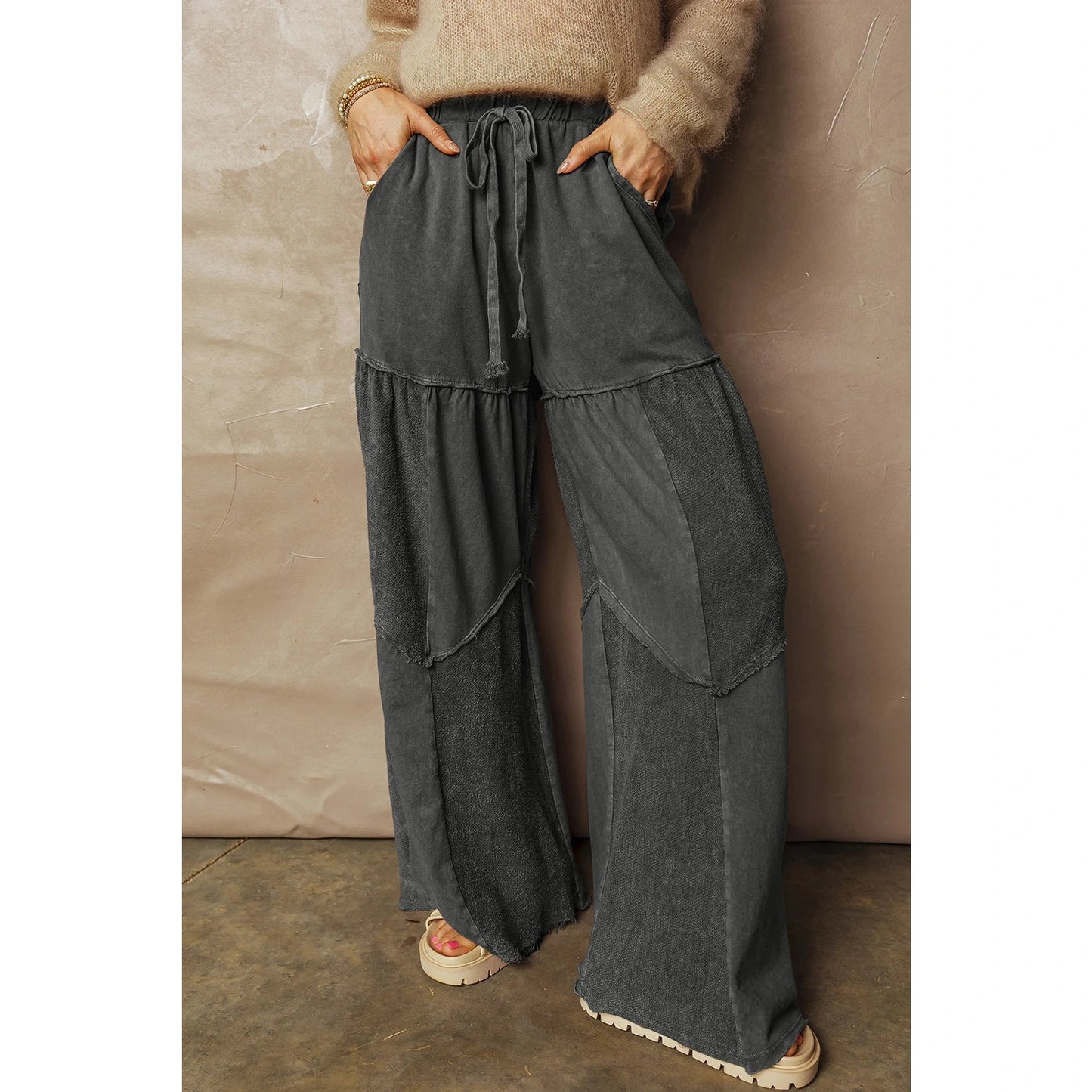 Gabby Black Mineral Wash Tiered Wide Leg Patchwork Drawstring Pants