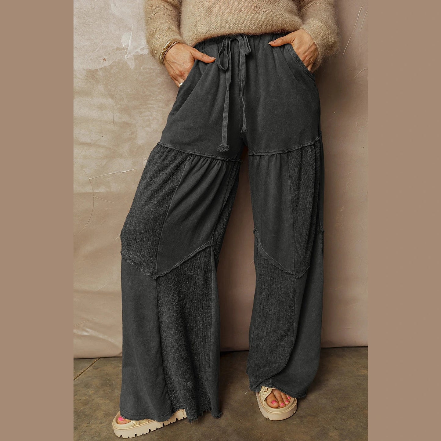 Gabby Black Mineral Wash Tiered Wide Leg Patchwork Drawstring Pants