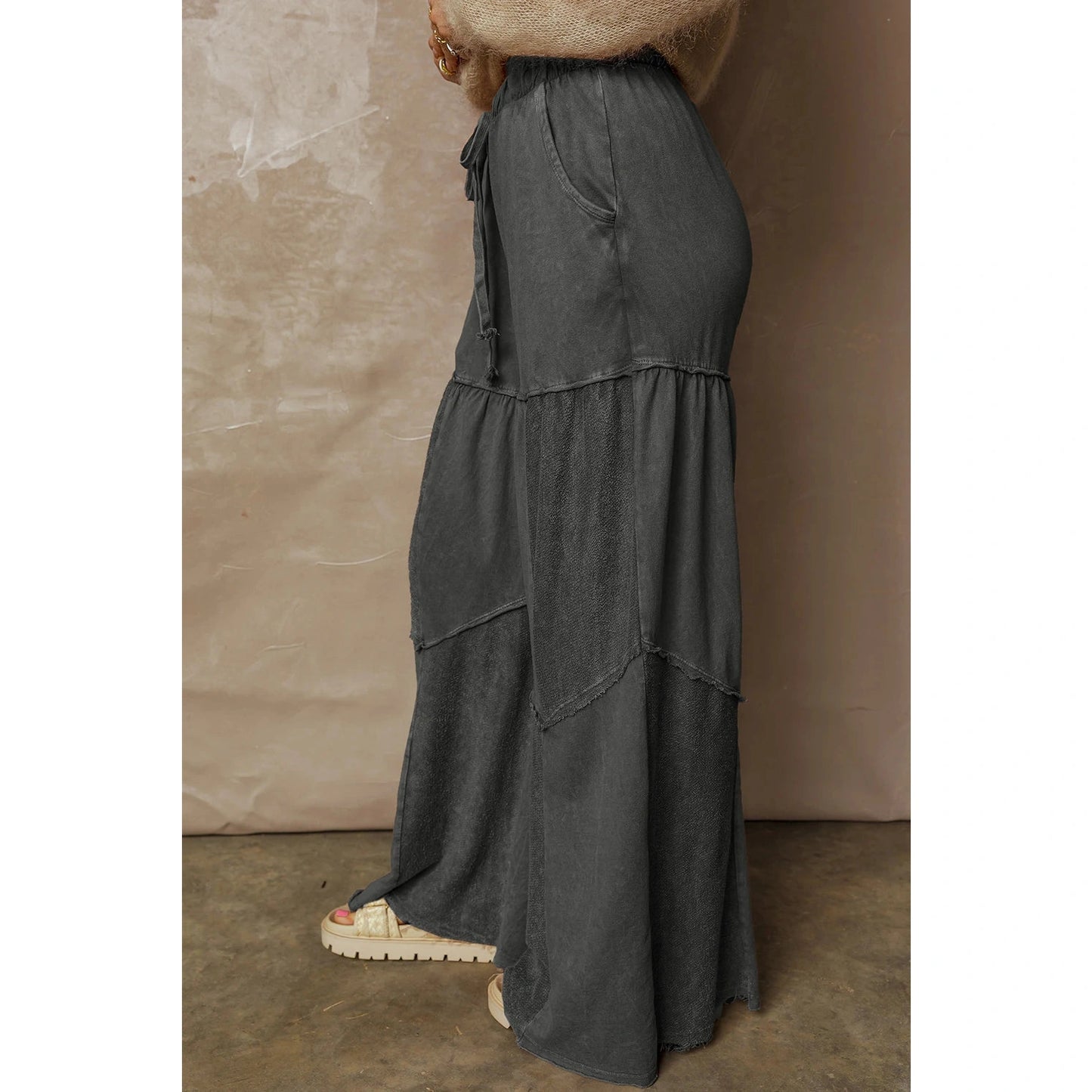 Gabby Black Mineral Wash Tiered Wide Leg Patchwork Drawstring Pants