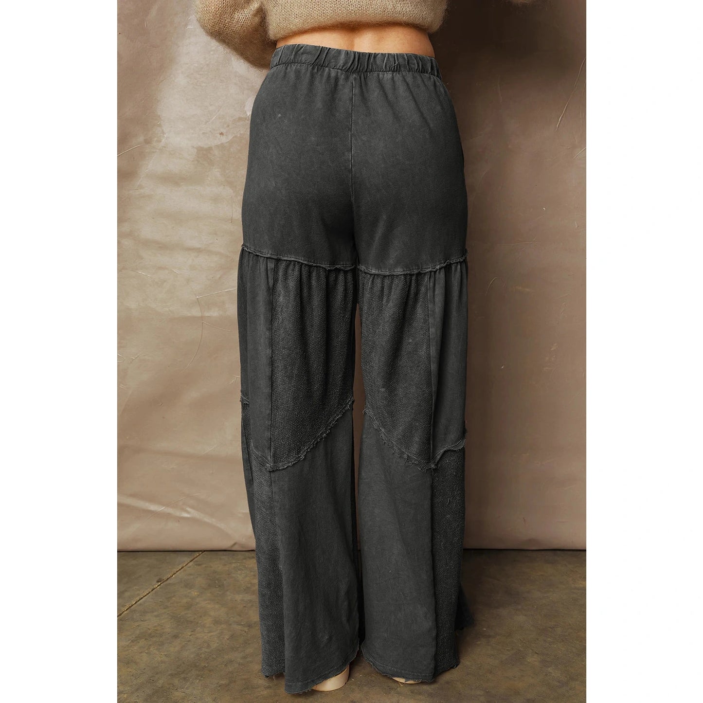 Gabby Black Mineral Wash Tiered Wide Leg Patchwork Drawstring Pants