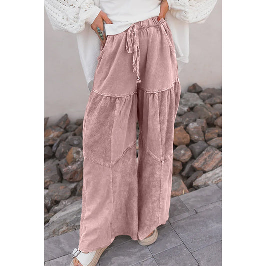 Gabby Pink Mineral Wash Tiered Wide Leg Patchwork Drawstring Pants