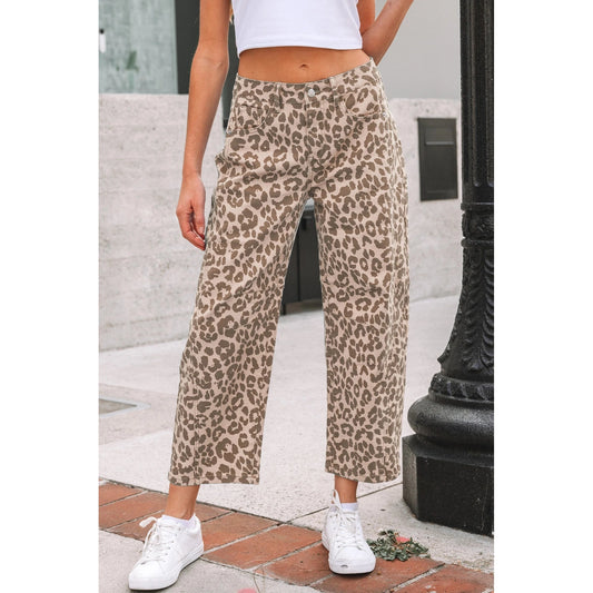 Gabrie Khaki Leopard Print Straight Loose Jeans