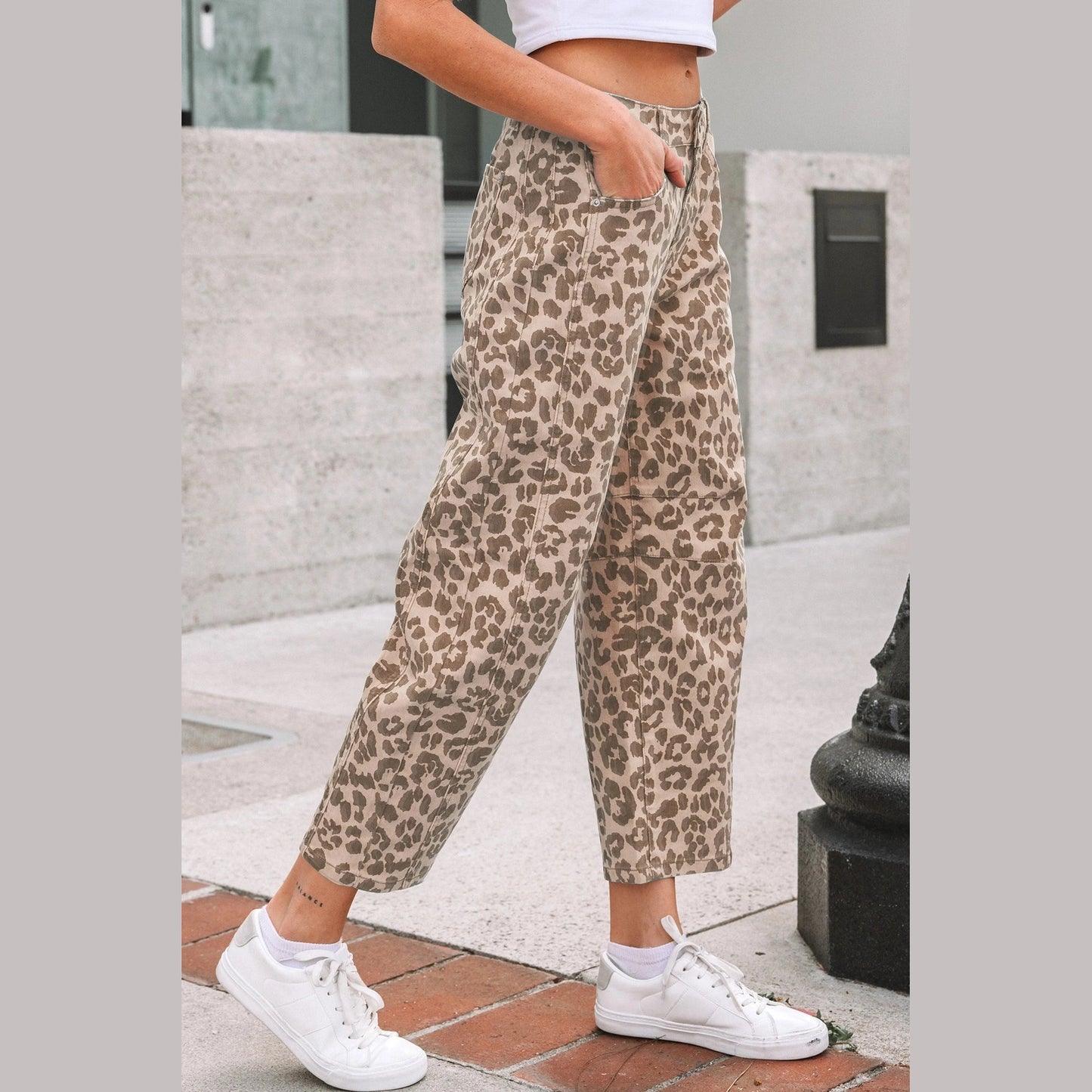Gabrie Khaki Leopard Print Straight Loose Jeans