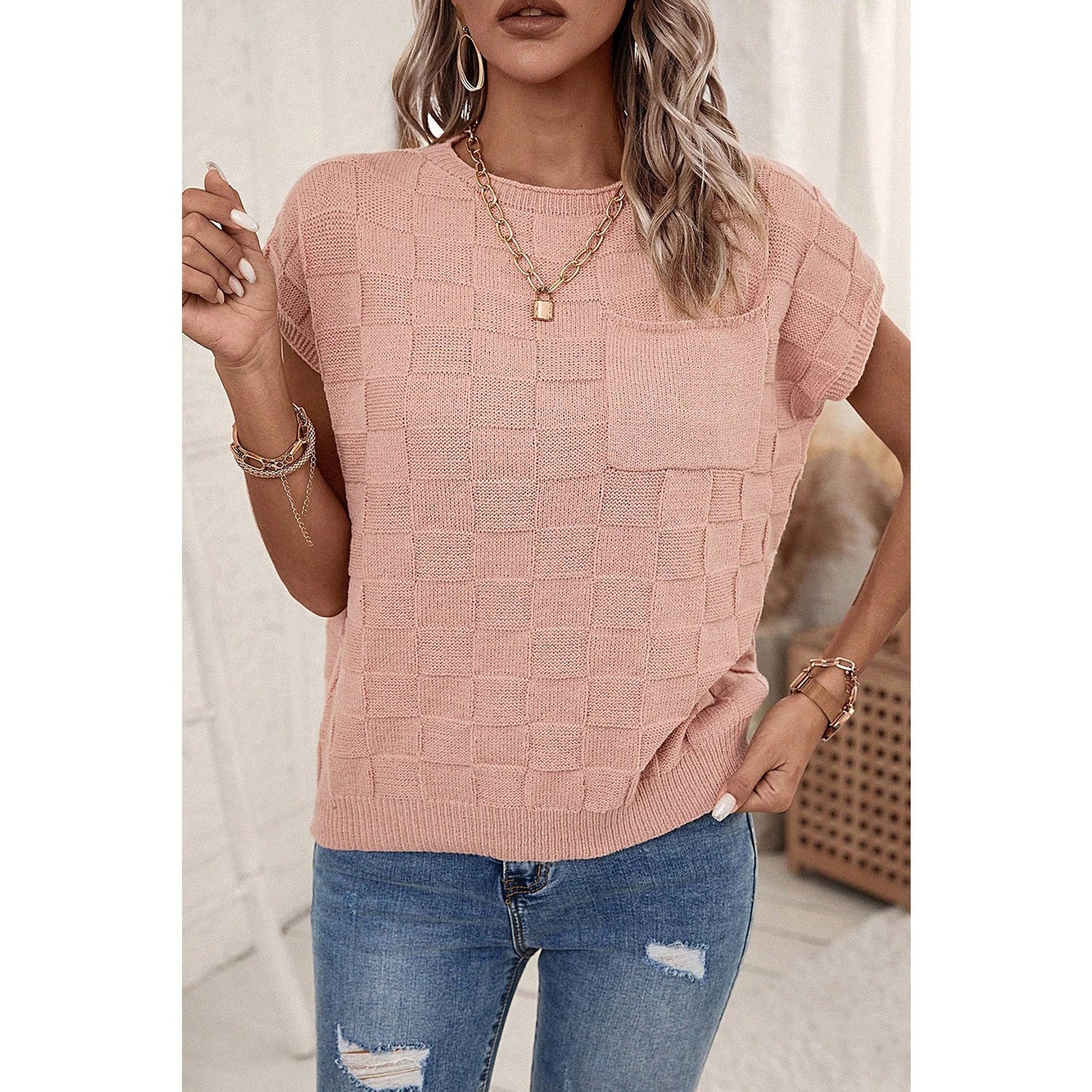 Galyn Pink Lattice Textured Knit Short Sleeve Sweater