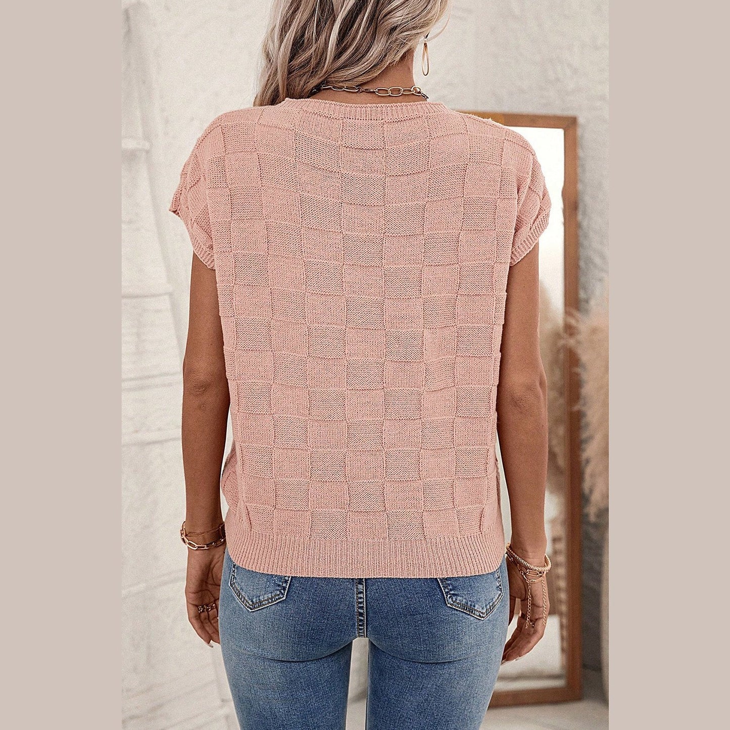 Galyn Pink Lattice Textured Knit Short Sleeve Sweater