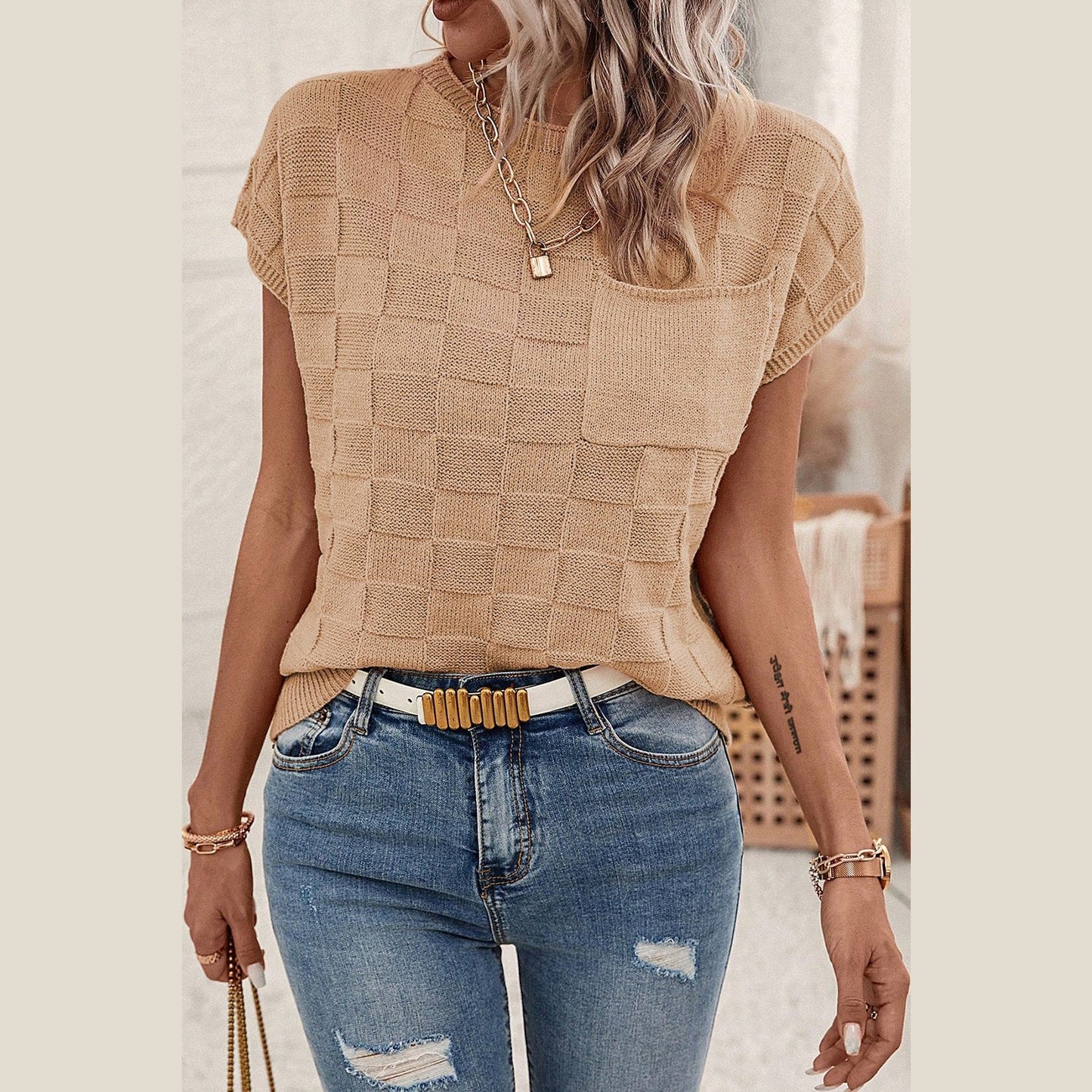 Galyn Khaki Lattice Textured Knit Short Sleeve Sweater