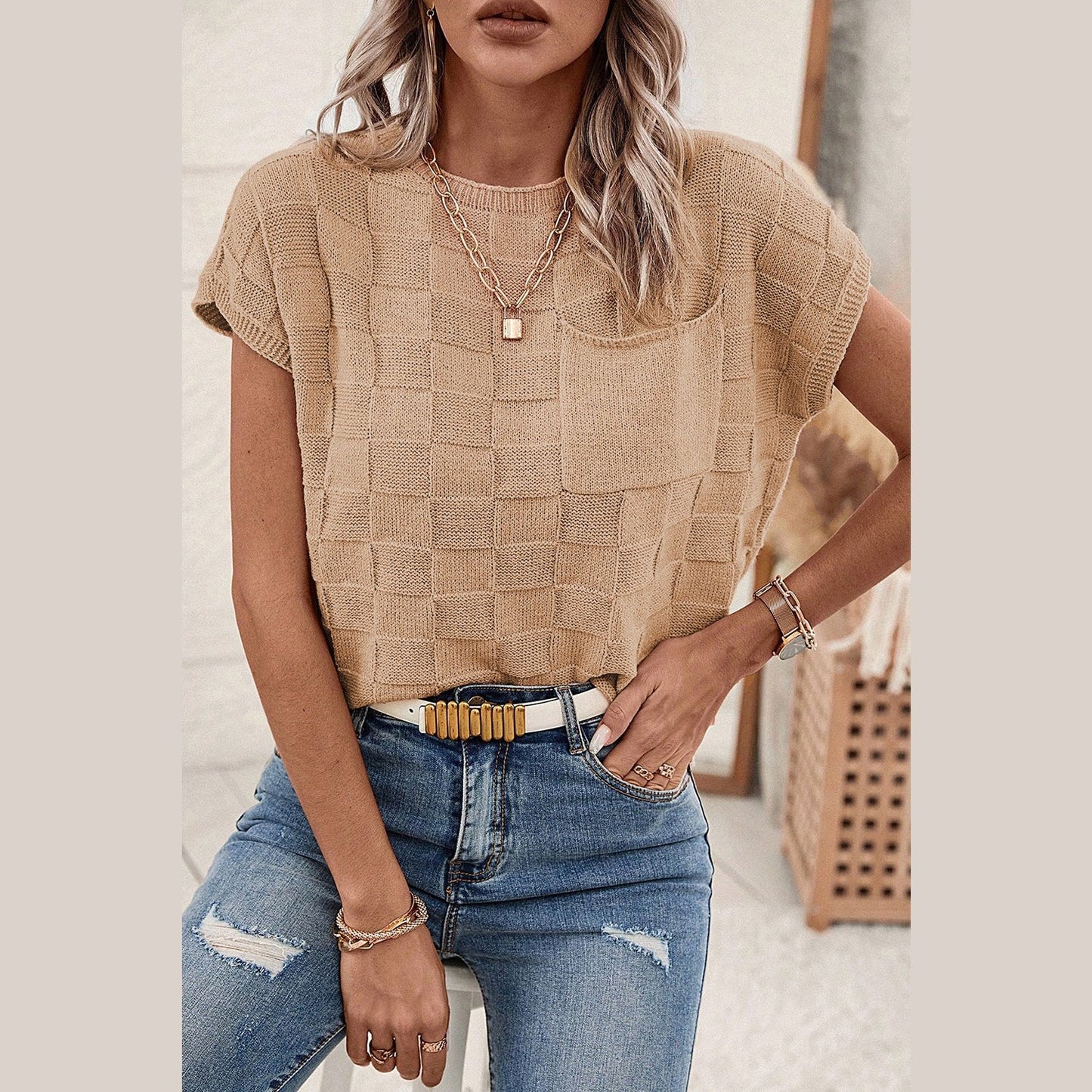 Galyn Khaki Lattice Textured Knit Short Sleeve Sweater