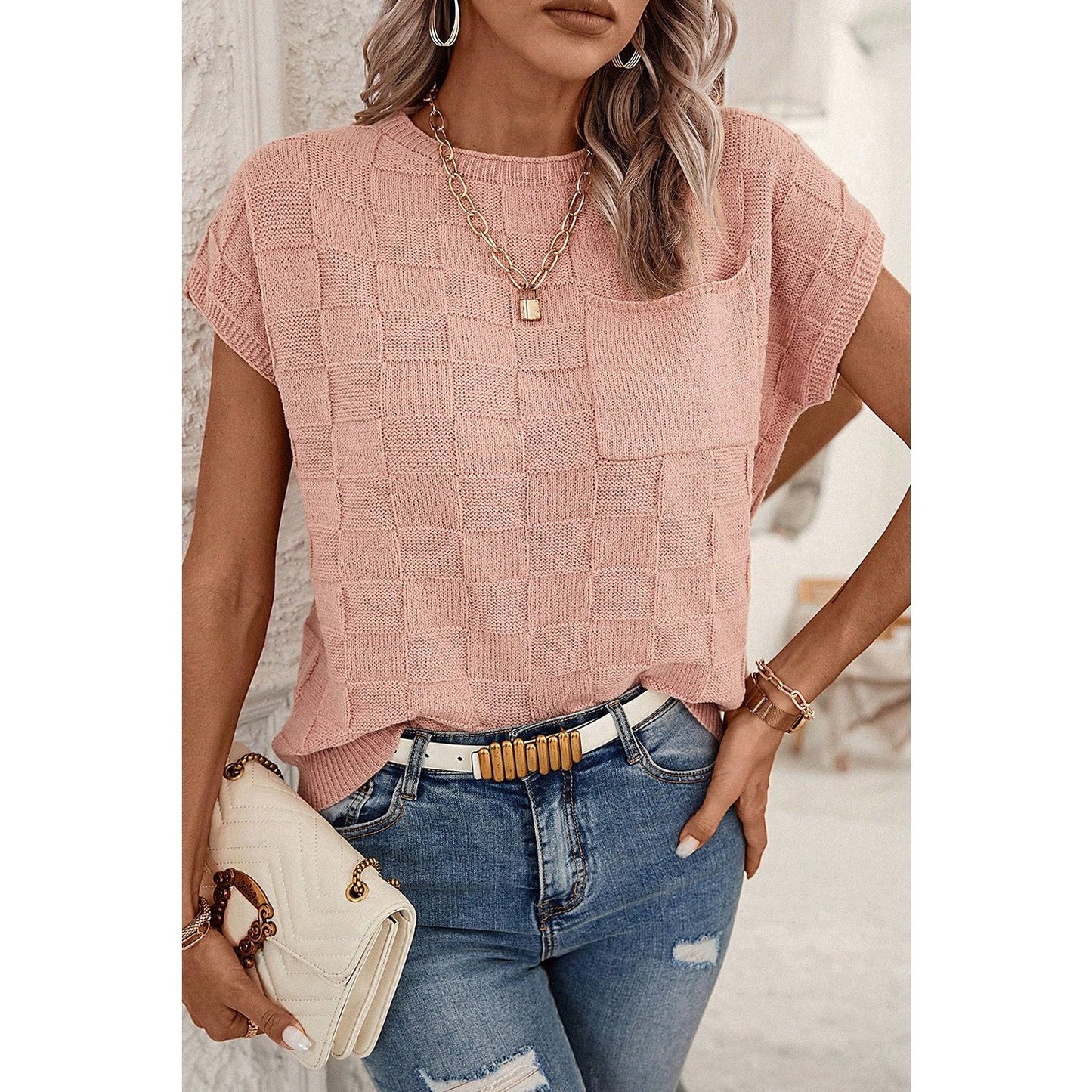 Galyn Pink Lattice Textured Knit Short Sleeve Sweater