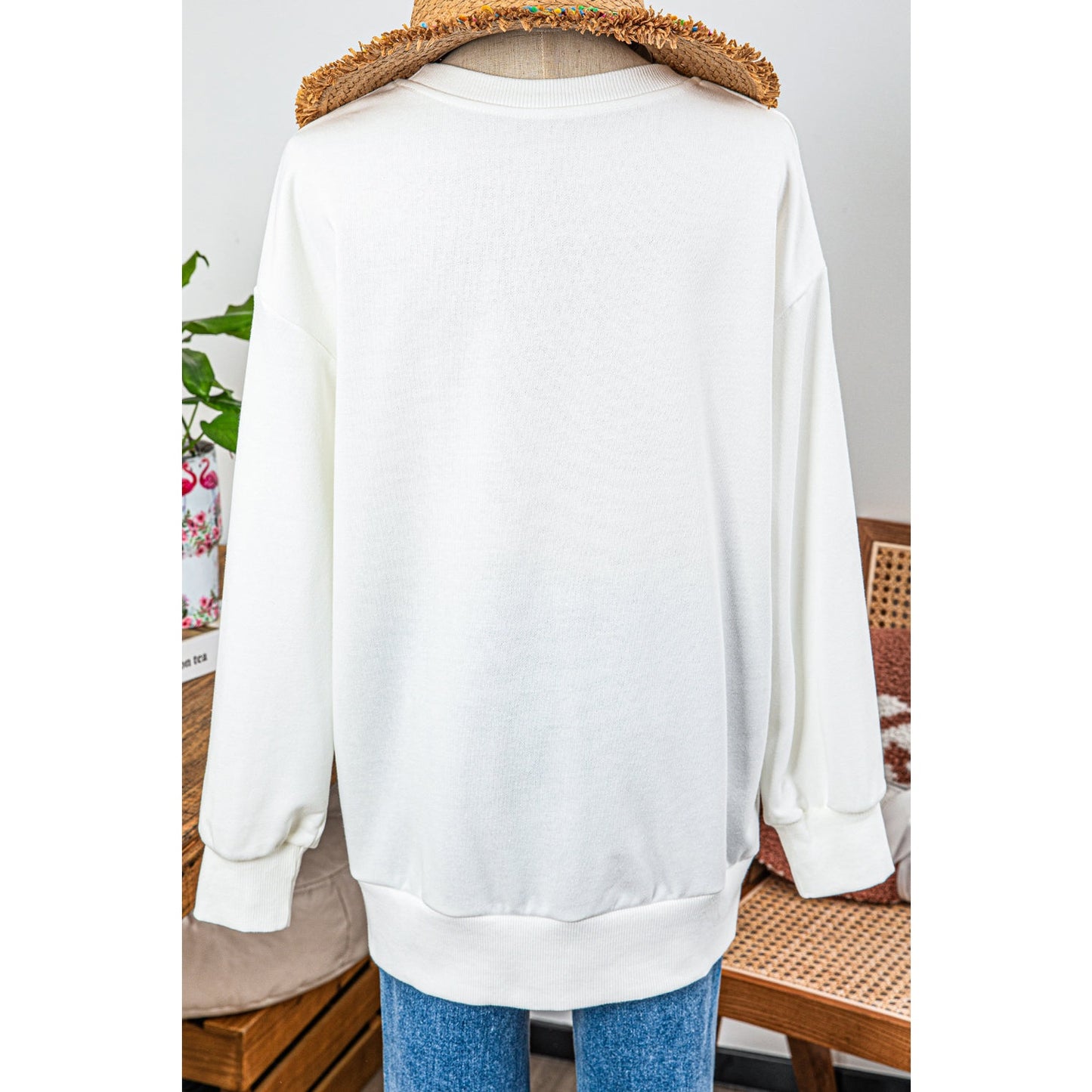 White/Red Tinsel Game Day Drop Shoulder Graphic Sweatshirt