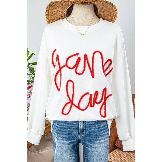 White/Red Tinsel Game Day Drop Shoulder Graphic Sweatshirt