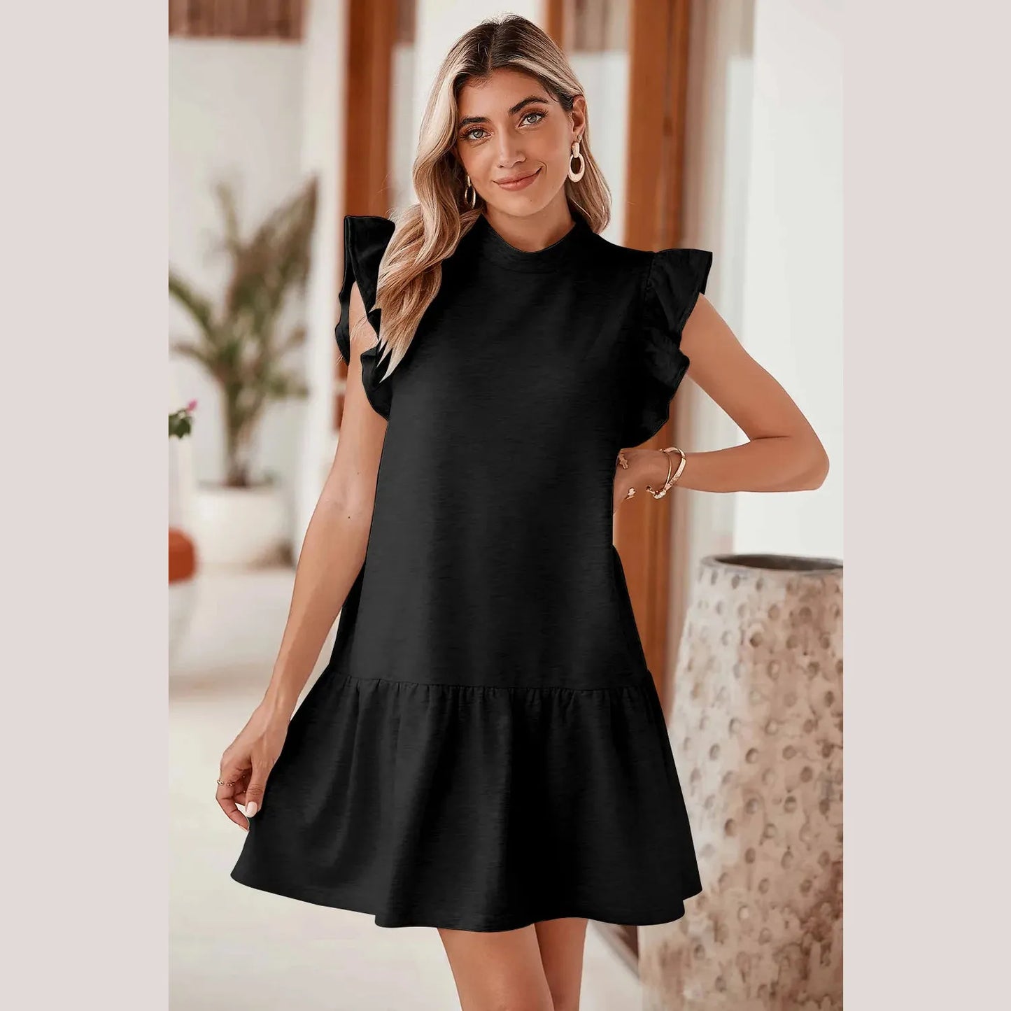 Gena Black Flutter Sleeve Crew Neck Shift Dress