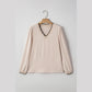 Geneva Contrast Scallop Trim V Neck Long Sleeve Blouse
