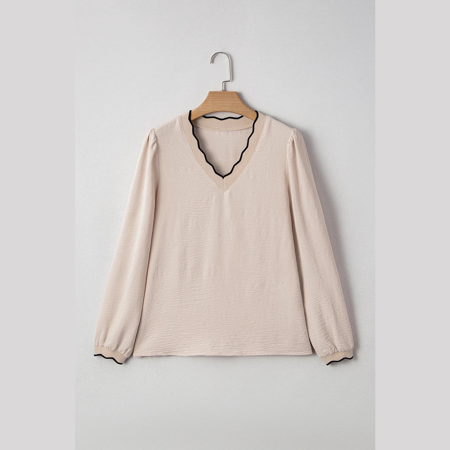 Geneva Contrast Scallop Trim V Neck Long Sleeve Blouse