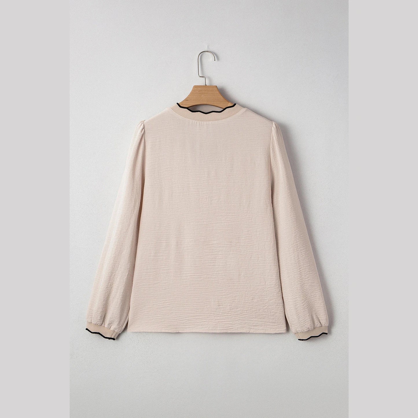 Geneva Contrast Scallop Trim V Neck Long Sleeve Blouse