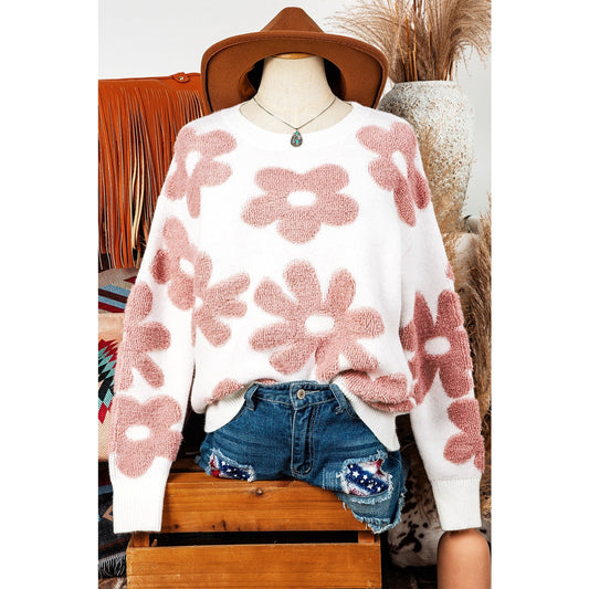 Genna White Textured Flower Drop Shoulder Loose Sweater