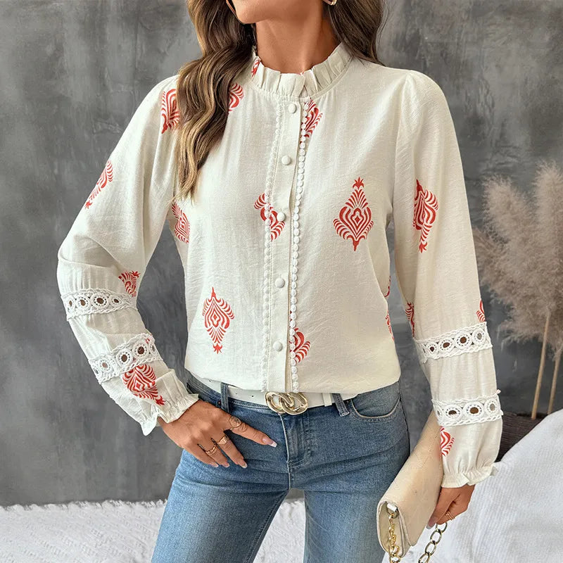 Georgette Boho Chic Printed Button-Up Blouse with Lace Sleeve Detail