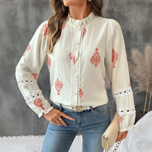 Georgette Boho Chic Printed Button-Up Blouse with Lace Sleeve Detail