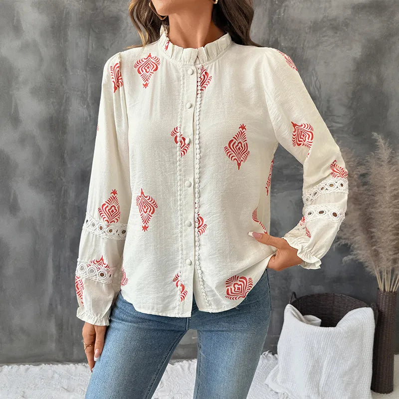 Georgette Boho Chic Printed Button-Up Blouse with Lace Sleeve Detail